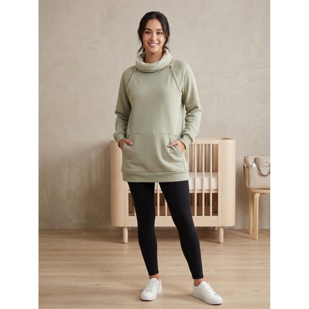 Latched Mama Sage Green Nursing Hoodie Cowl Neck Fleece Tunic Sweatshirt Medium